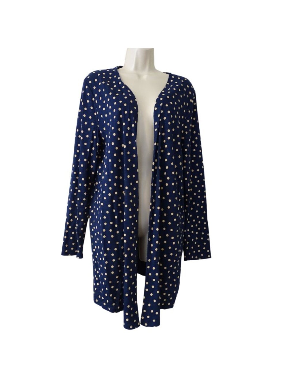 Chicos Women Open Front Blue Tan Cardigan Polka Dot Size 2 L Long Sleeve Office - Picture 1 of 11